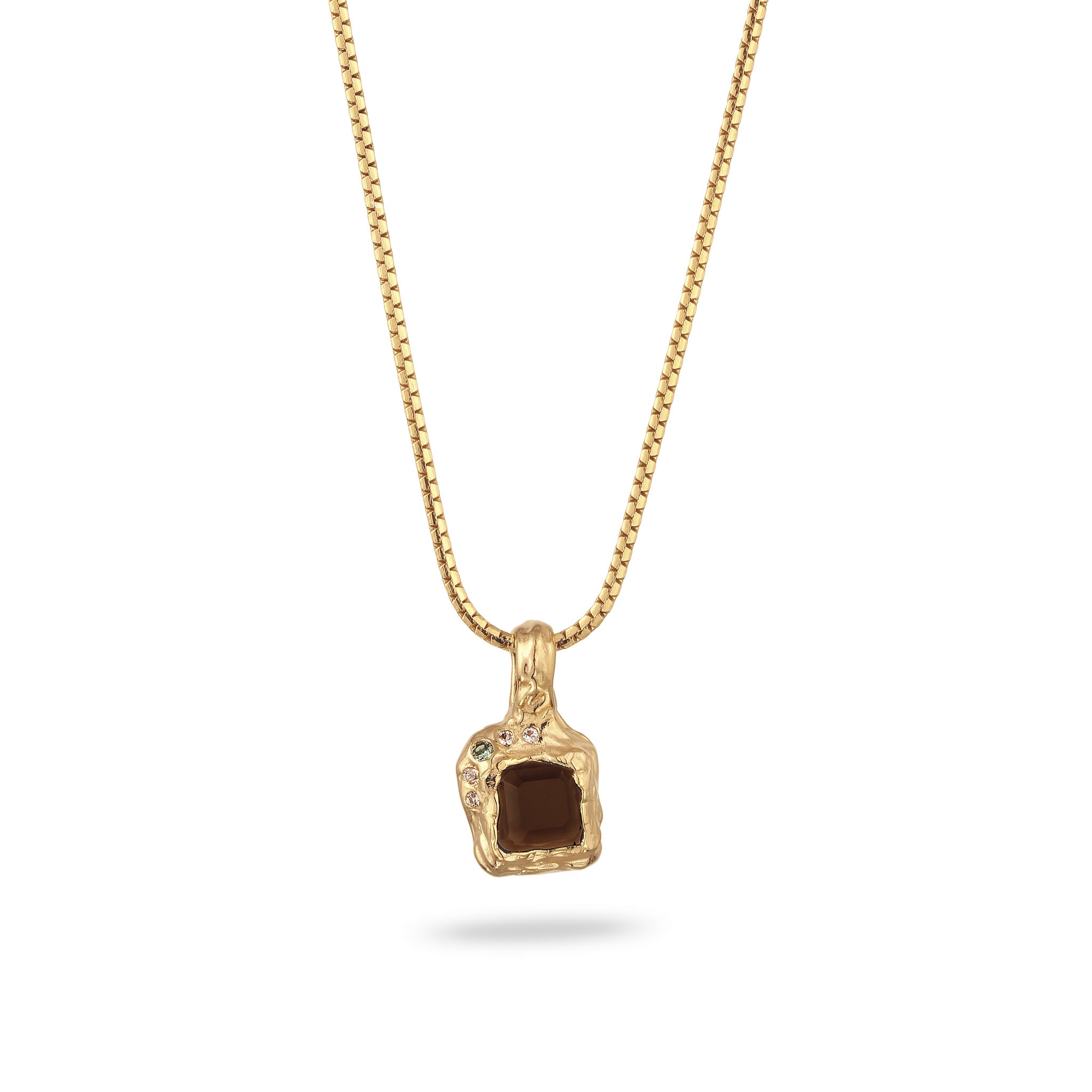 Gold - HAZE & GLORY | Halskette mit Anhänger | Quarz (Braun) & Topas (Weiß) & Synthetischer Turmalin (Grün) | 925 Sterling Silber vergoldet