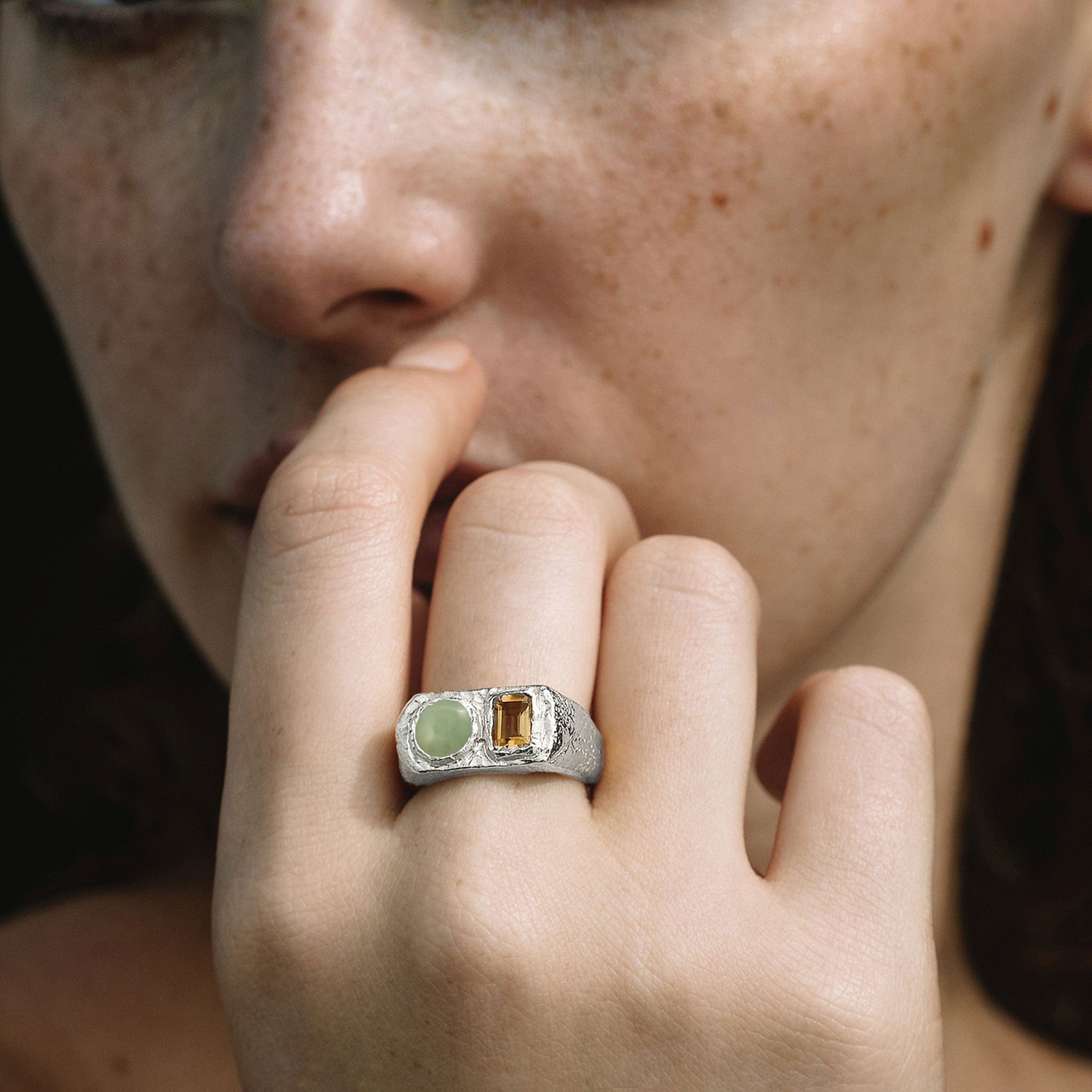 Silber - HAZE & GLORY | Ring Signet Kreis | Jade & Citrin (Grün & Gelb) | 925 Sterling Silber